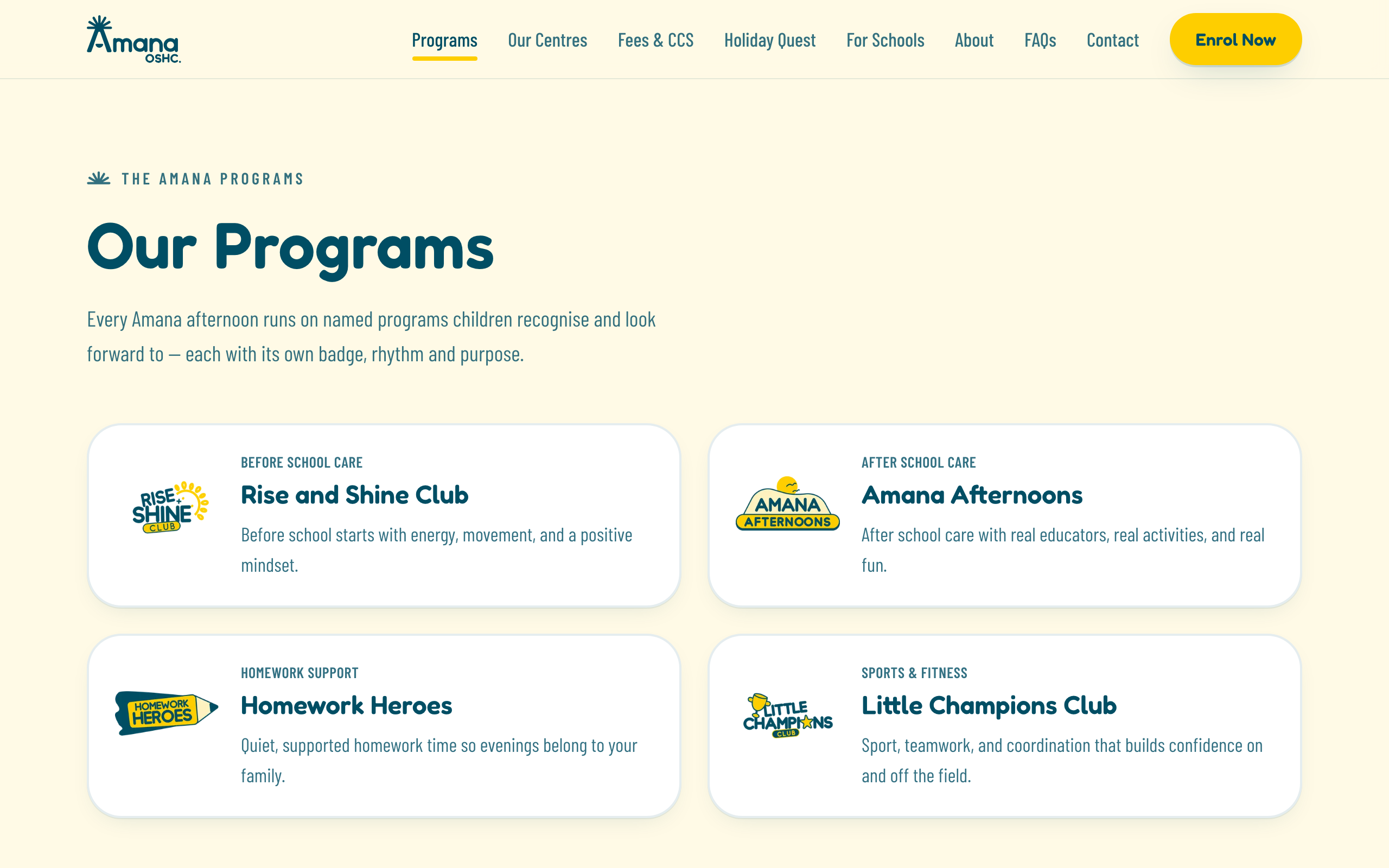 Amana OSHC programs page, each program with its own badge, desktop