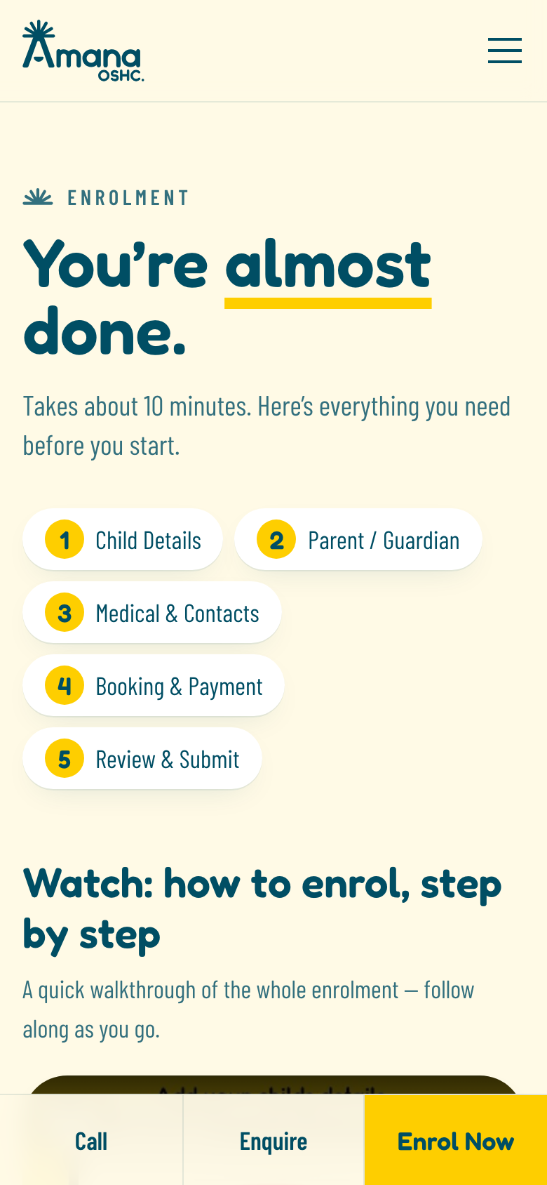 Amana OSHC online enrolment page on a phone