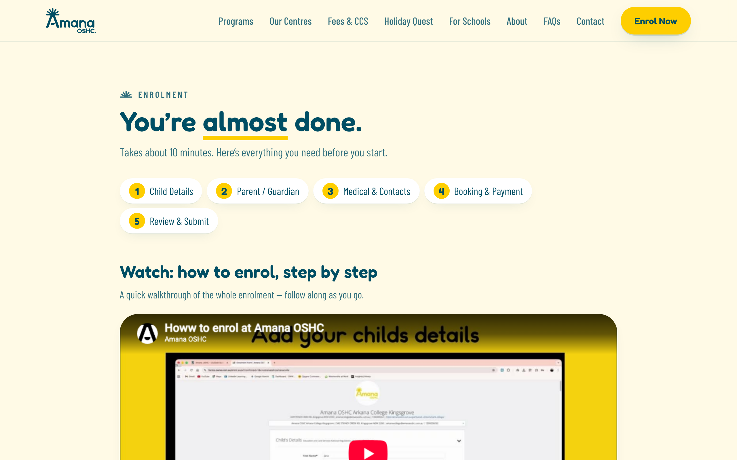 Amana OSHC five-step online enrolment page, desktop