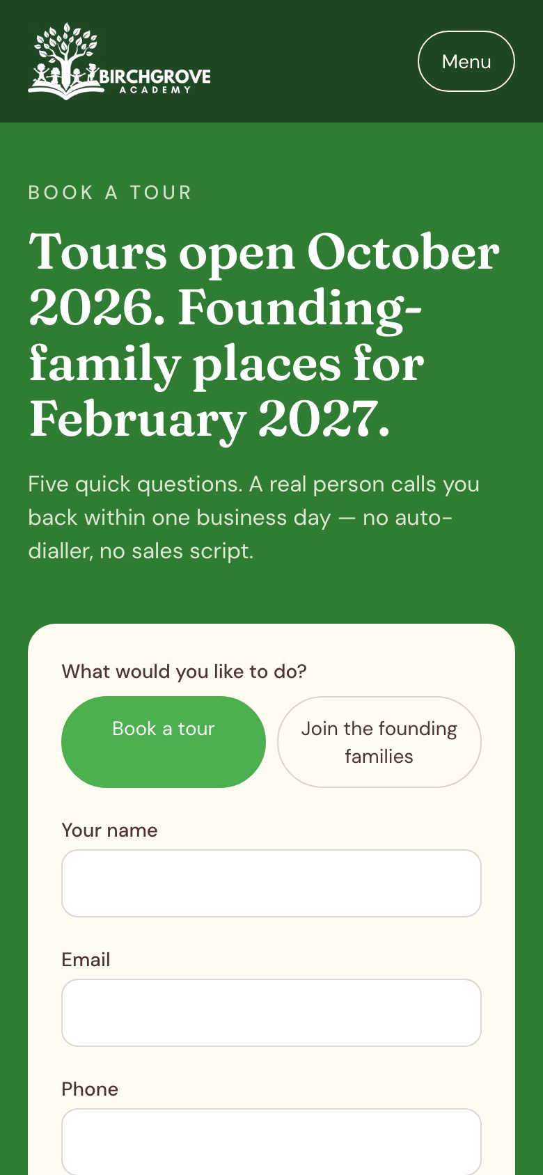 Birchgrove Academy tour booking form on a phone