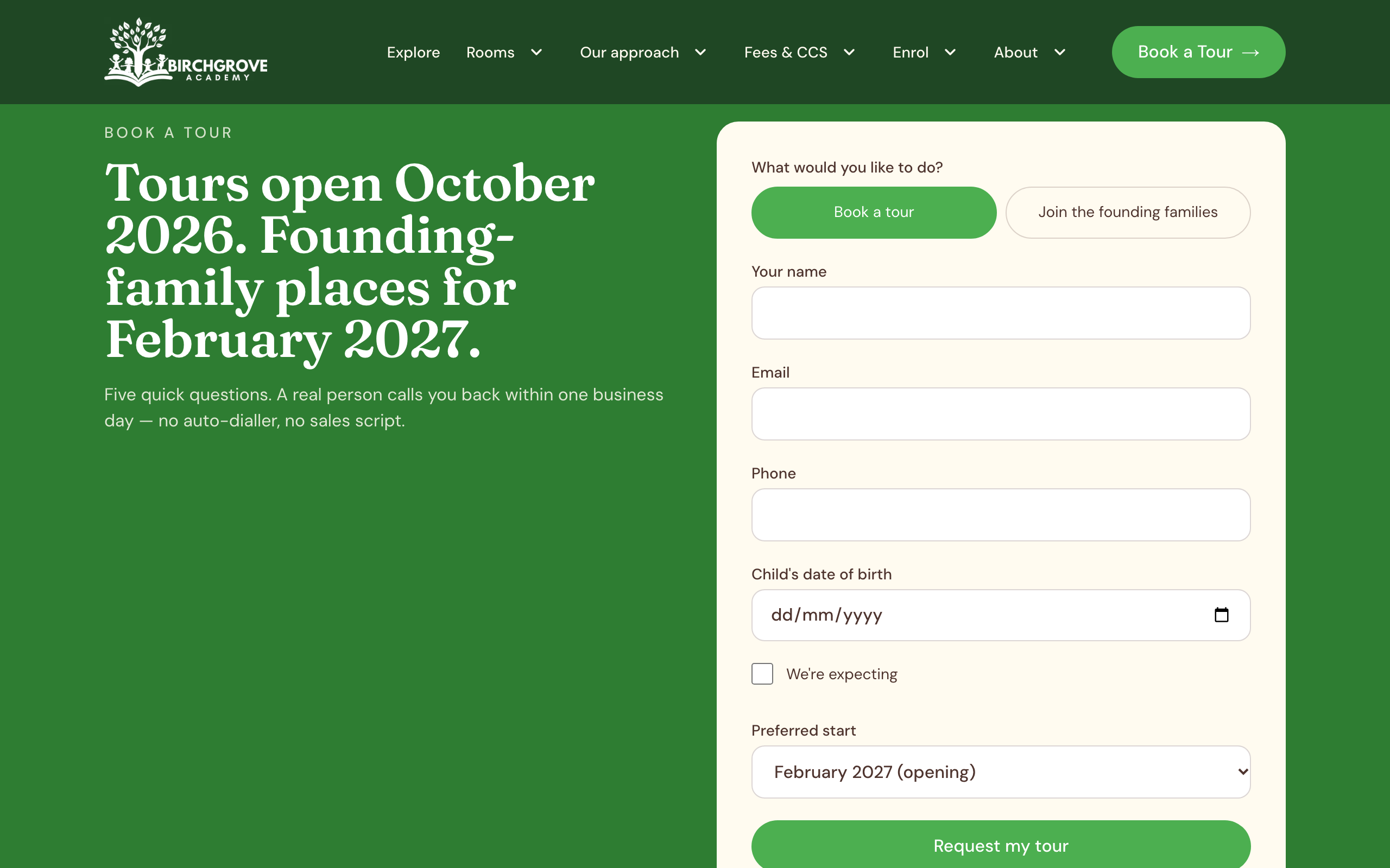 Birchgrove Academy tour booking form, desktop