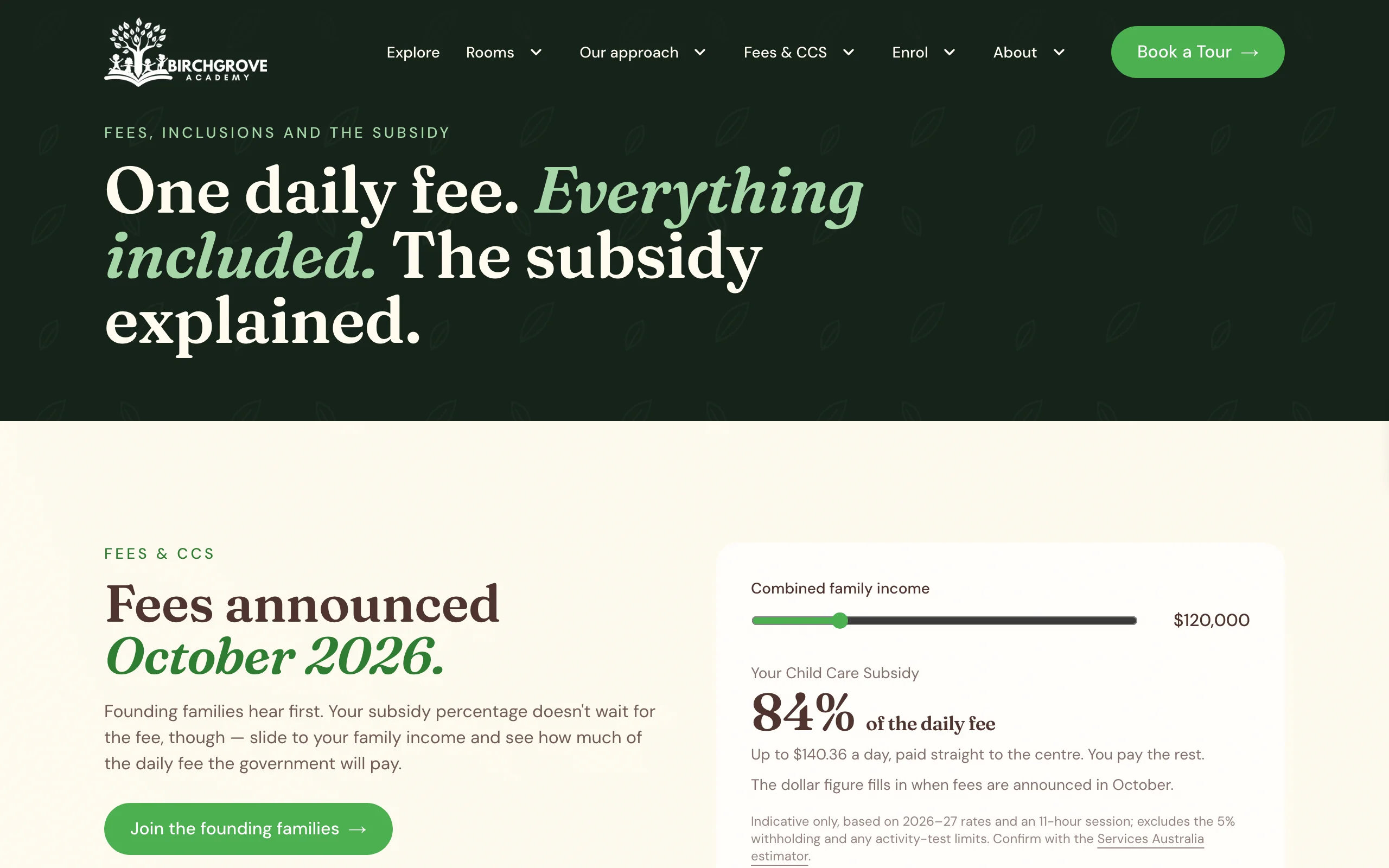 Birchgrove Academy fees page with a subsidy slider, desktop