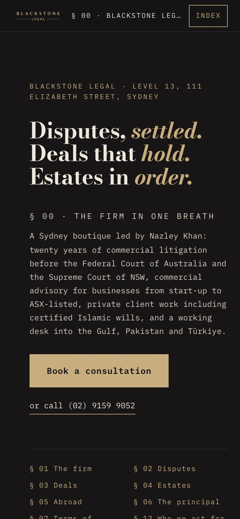 Blackstone Legal law firm home page on a phone