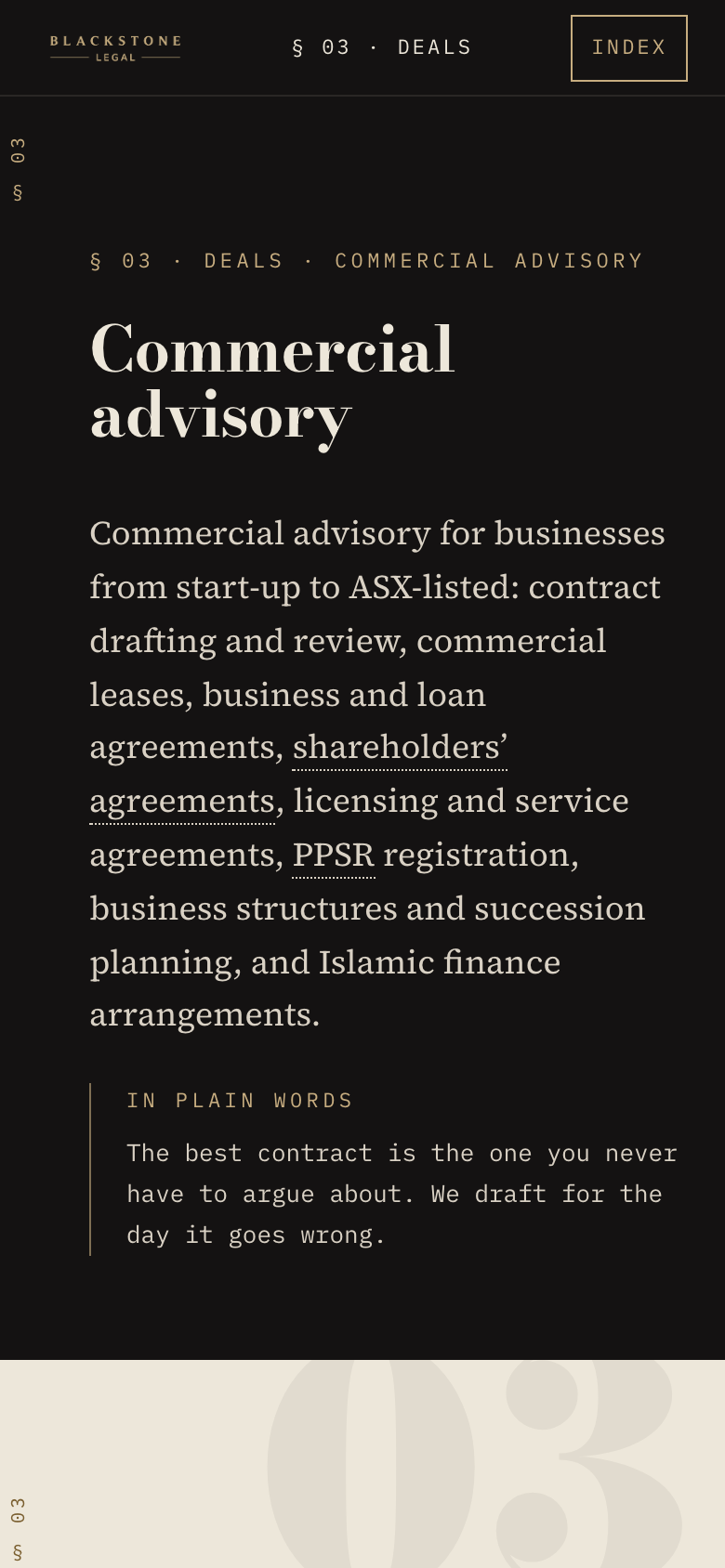 Blackstone Legal commercial advisory practice page on a phone