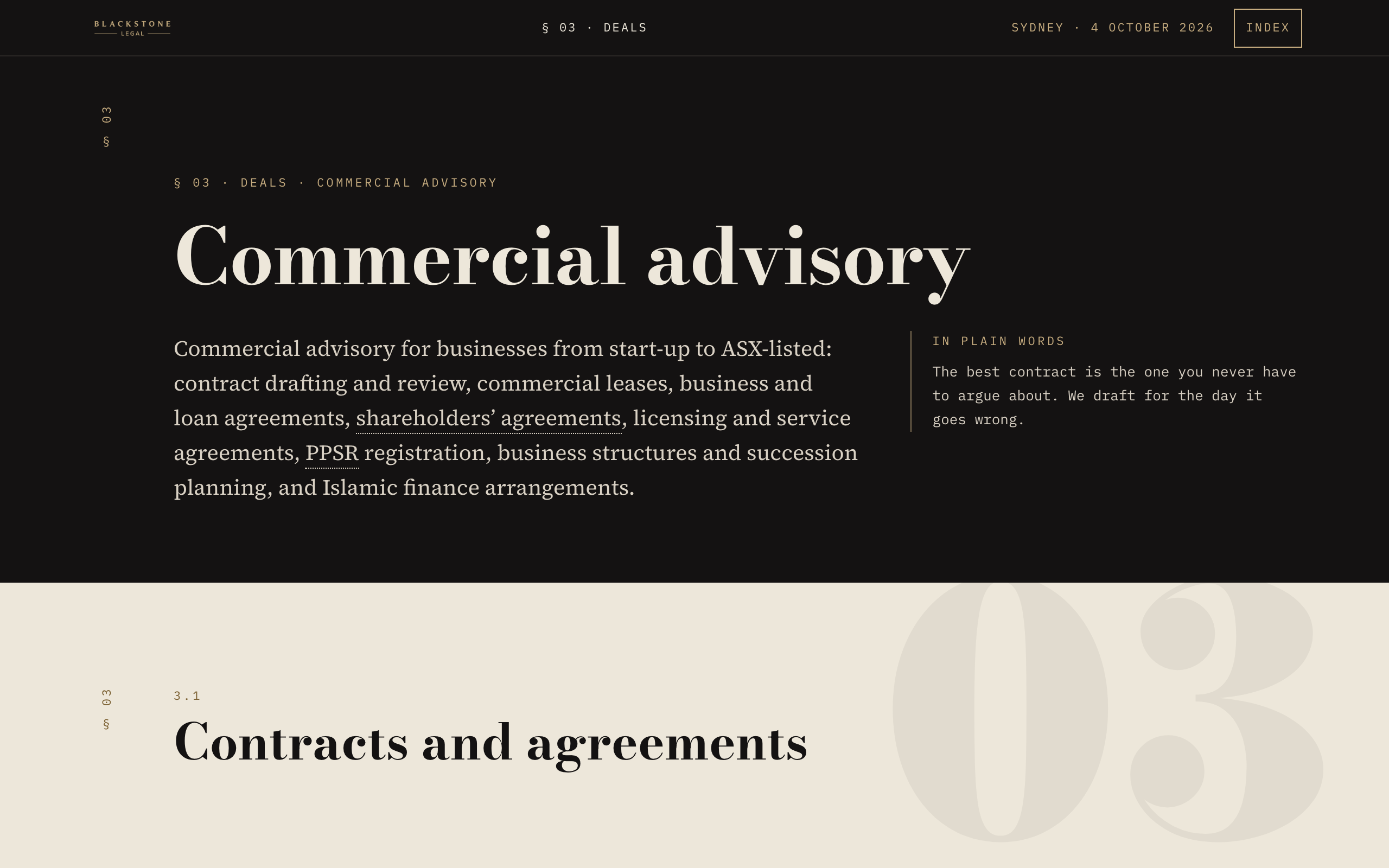 Blackstone Legal commercial advisory practice page, desktop