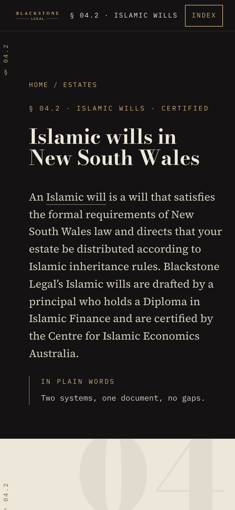 Blackstone Legal Islamic wills service page on a phone