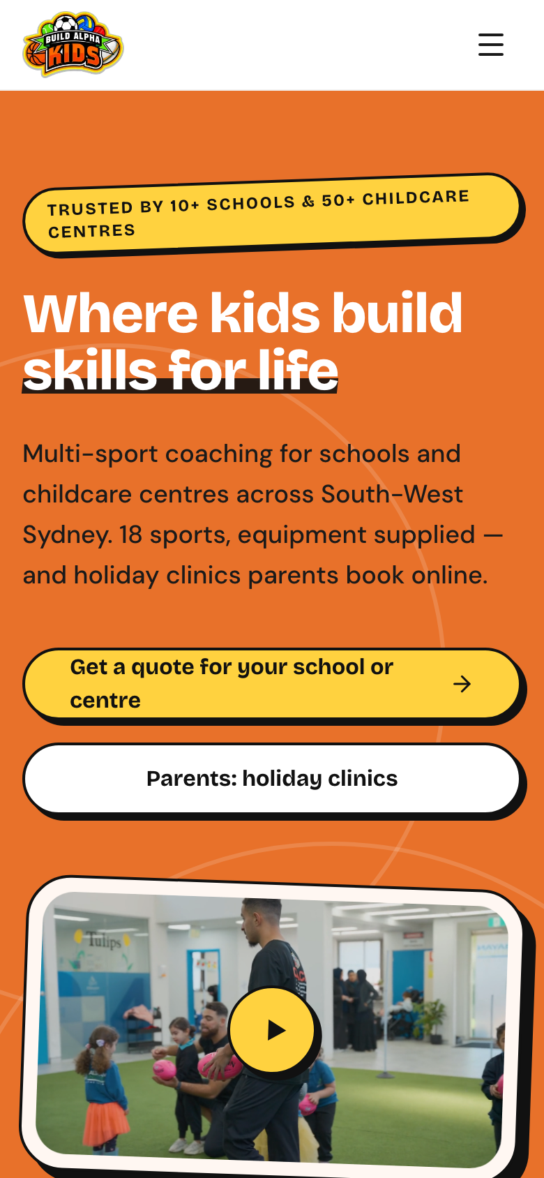 BuildAlphaKids kids sport coaching home page on a phone