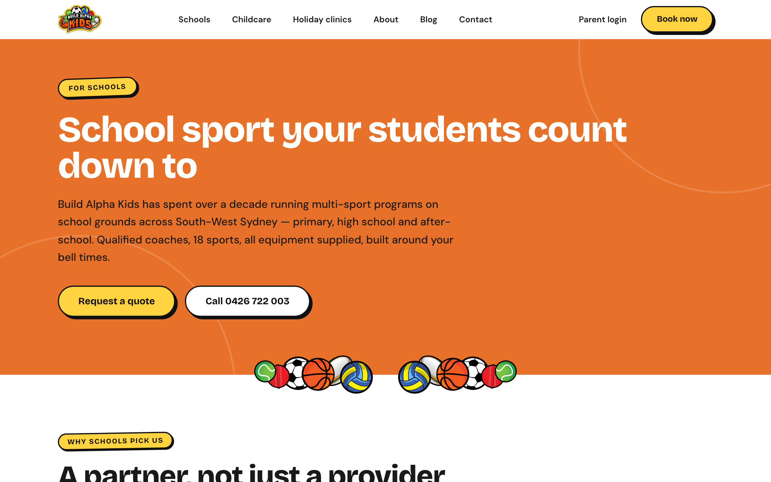 BuildAlphaKids schools page with a quote request and a call button, desktop