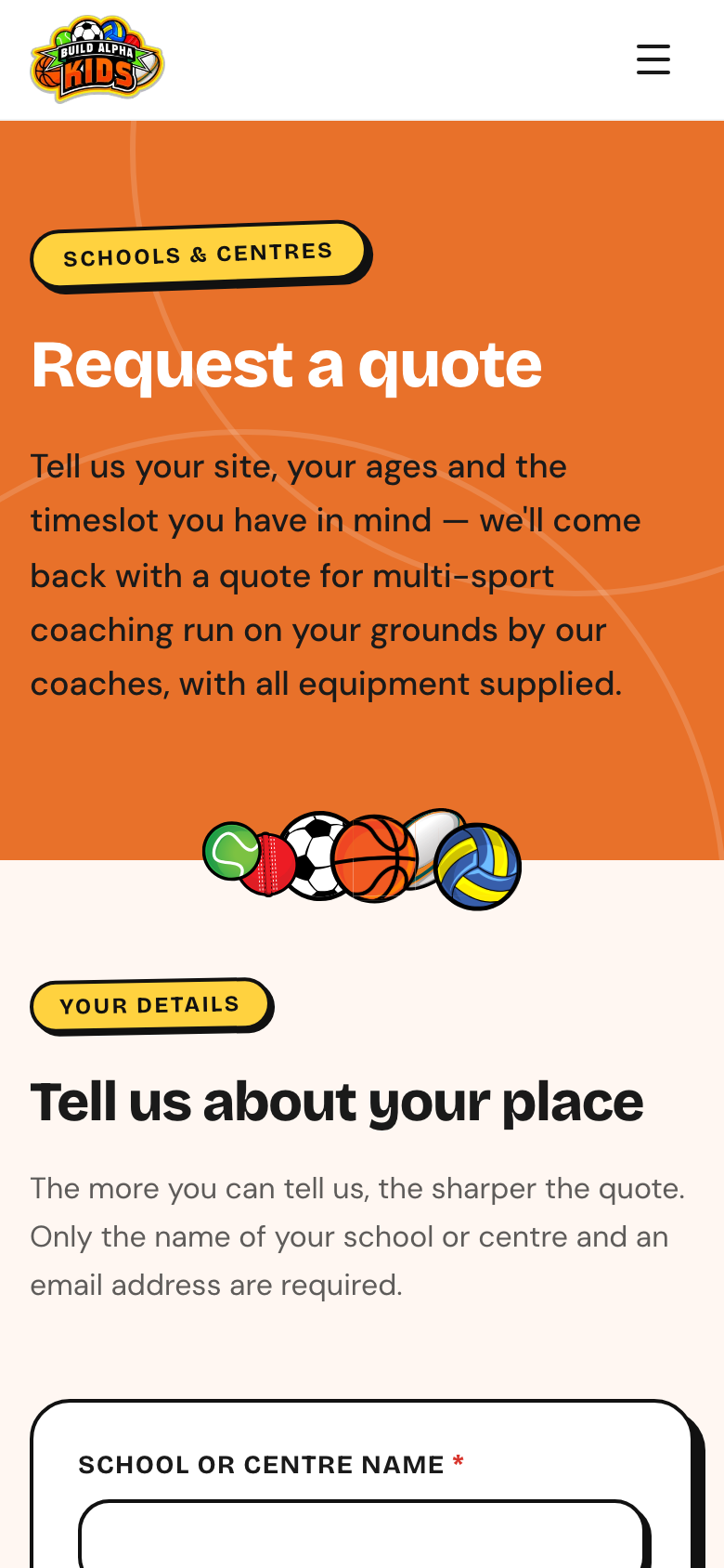BuildAlphaKids quote request form on a phone