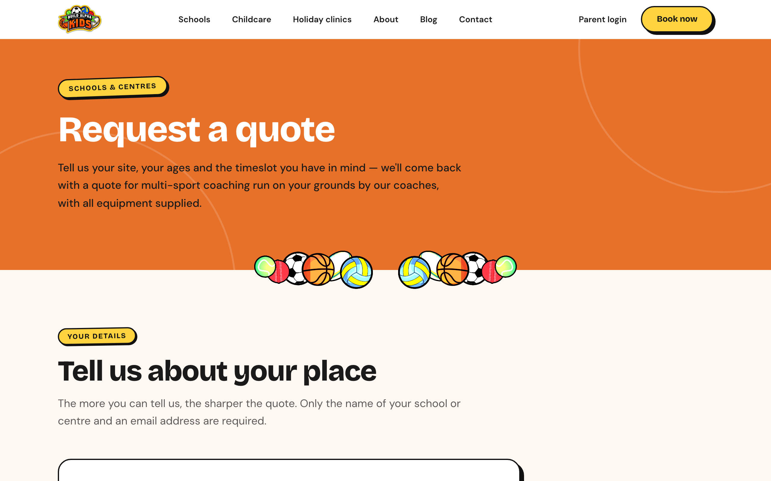 BuildAlphaKids quote request form for schools and centres, desktop