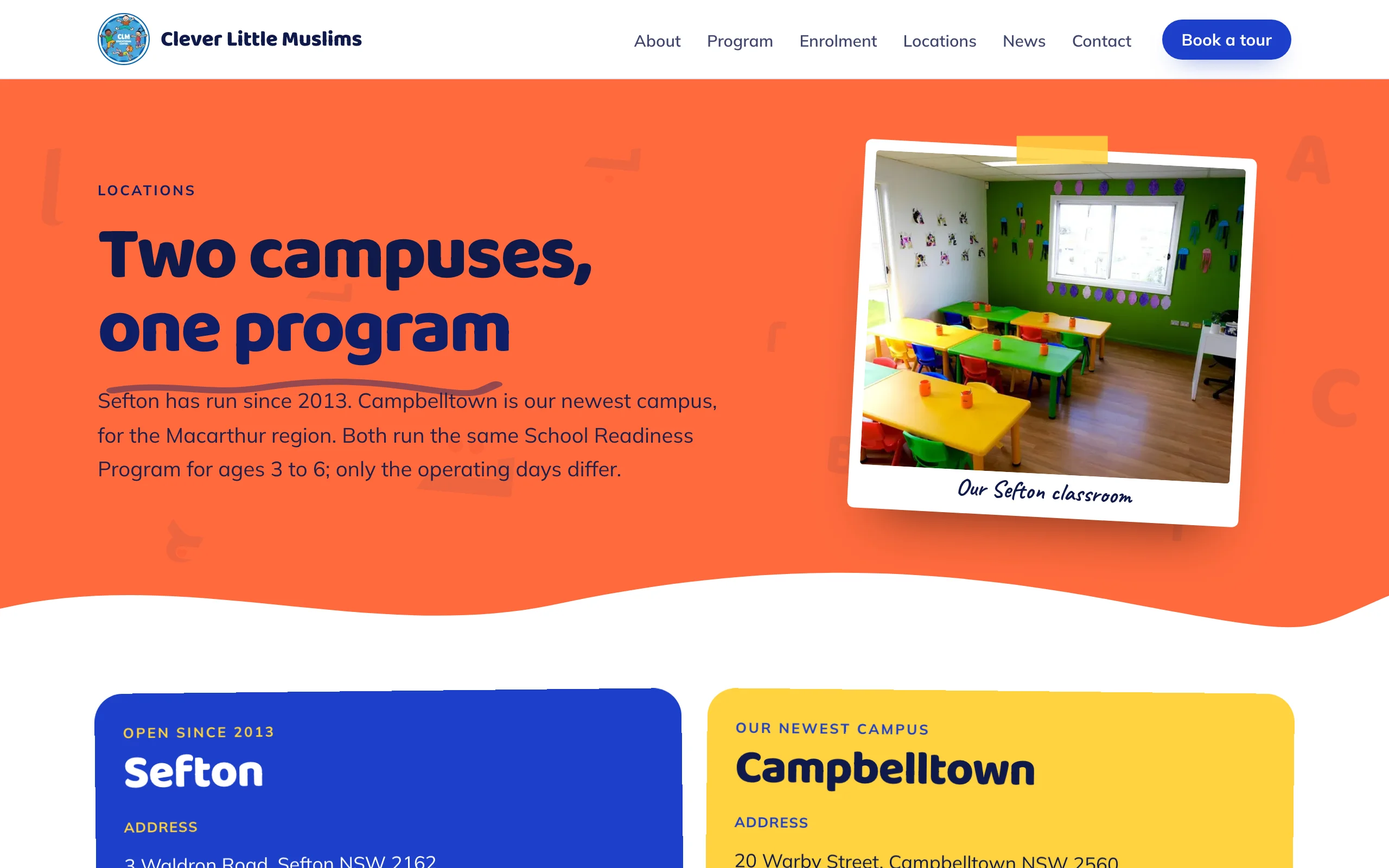 Clever Little Muslims locations page with both campuses, desktop