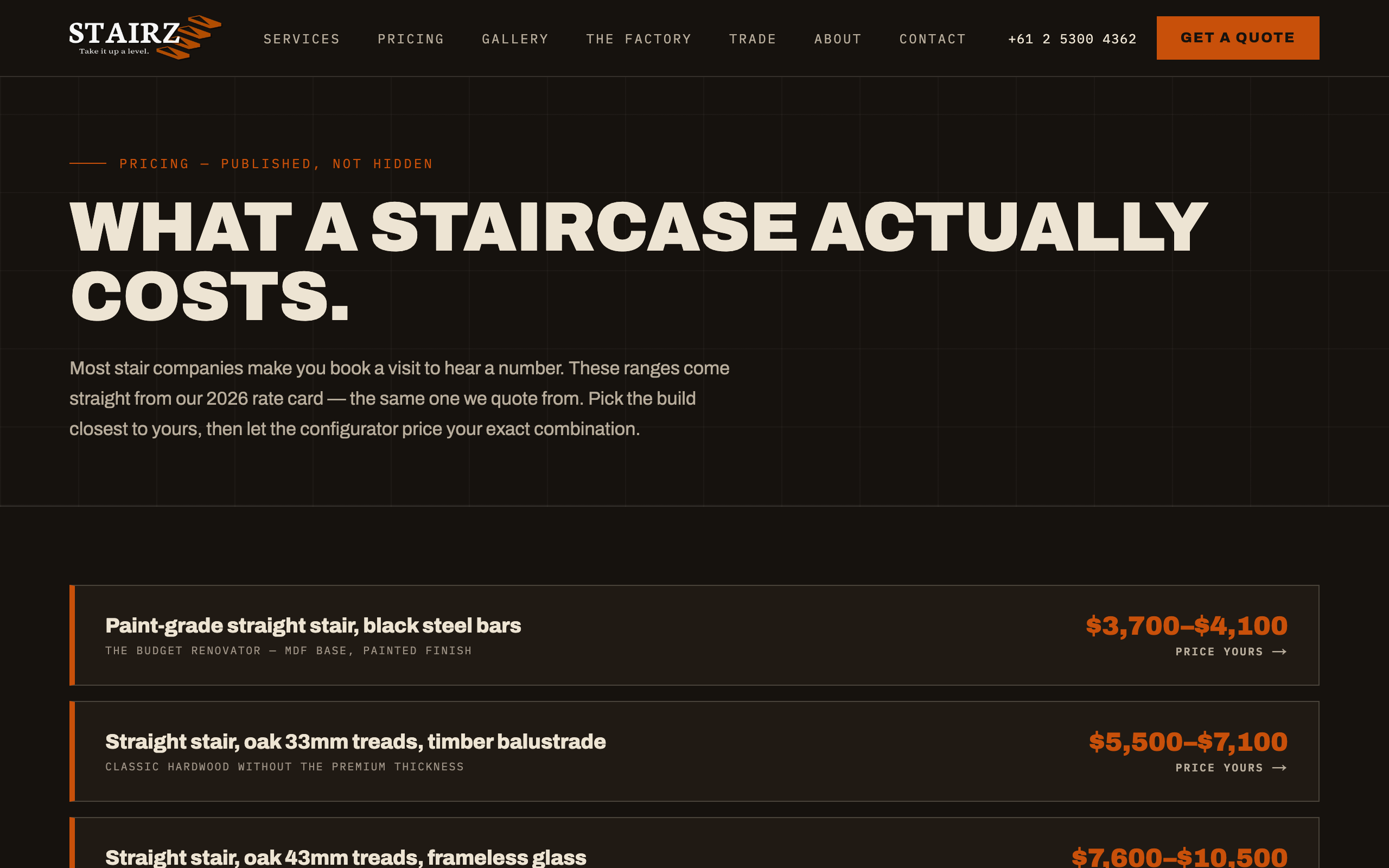 Stairz pricing page with published price ranges, desktop
