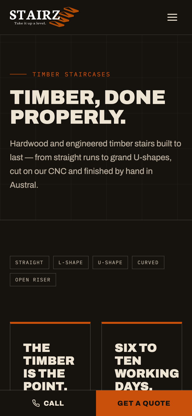 Stairz timber staircases service page on a phone