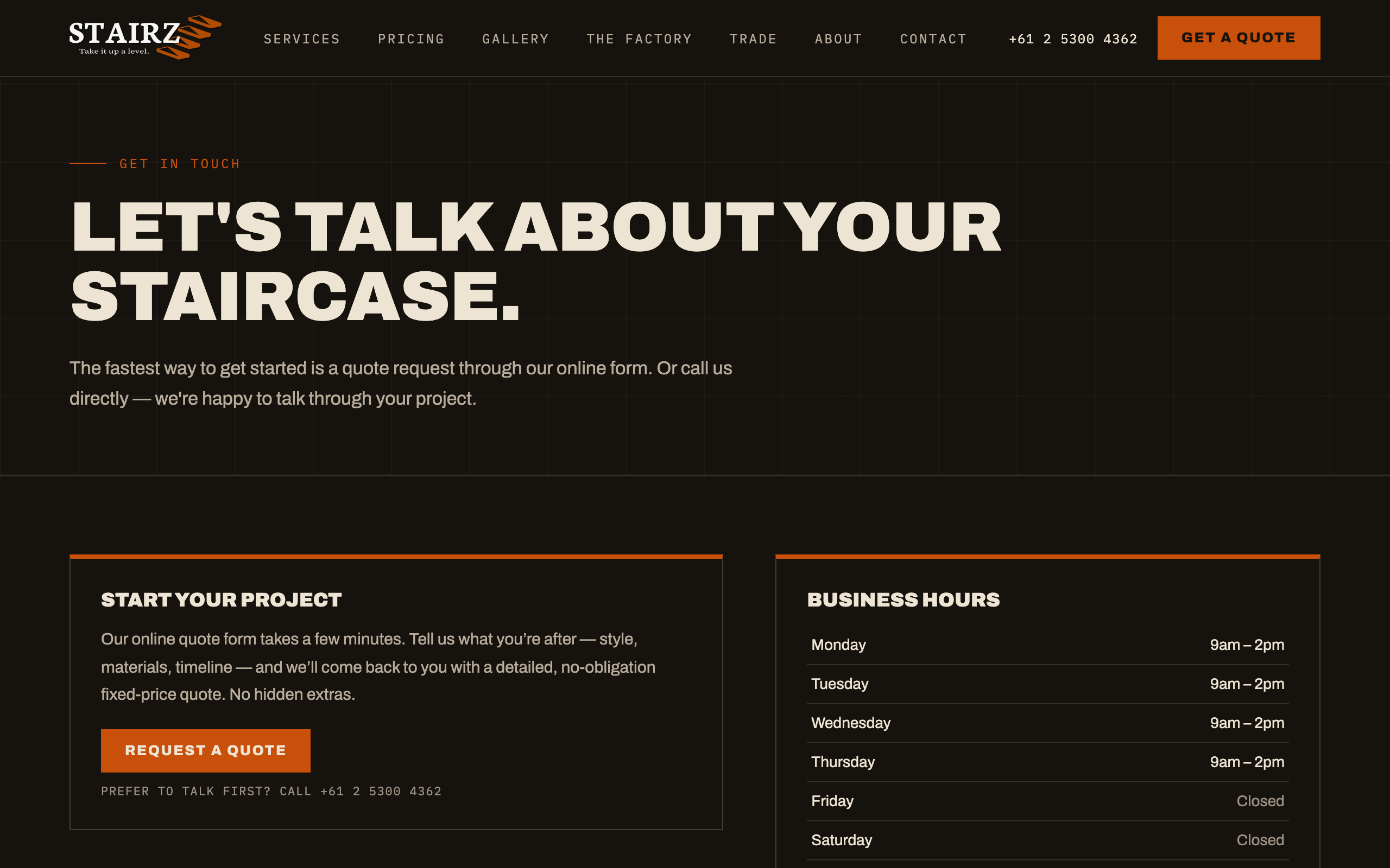 Stairz contact page with a quote request and business hours, desktop